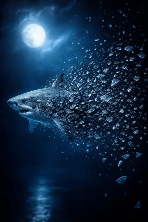 Shark dissolves into scattered silver-blue scales across moonlit void, threat transformed into weightless dust