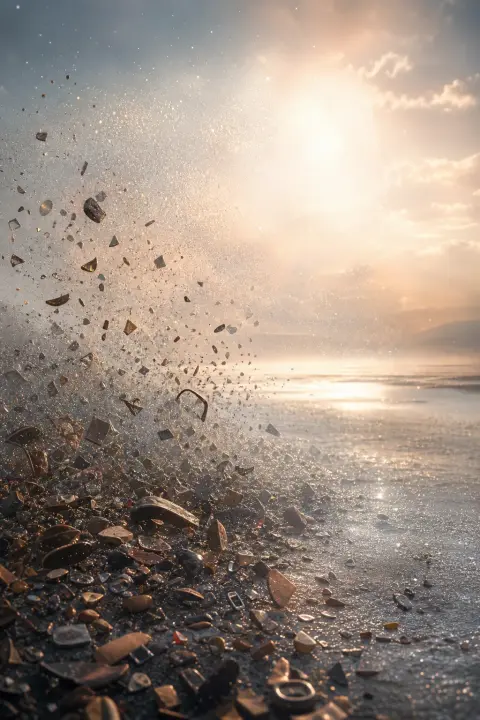 Des milliers de fragments de chaussures se dissolvent dans une brume argent-bleu sous la lumière lunaire, les morceaux de cuir et les lacets brillent avant de disparaître