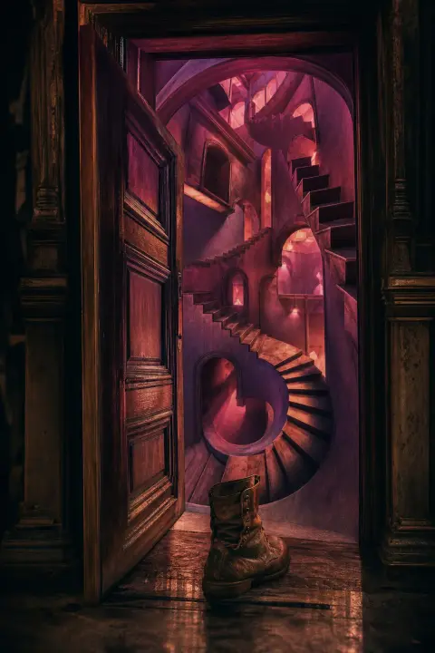 Une botte solitaire au seuil d'une porte qui se replie impossiblement vers l'intérieur, révélant des escaliers en spirale et des couloirs violet-rose crépusculaires