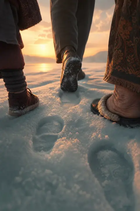 Petite chaussure d'enfant, chaussure de marche d'adulte et pantoufle d'aîné occupent le même moment doux d'aube pêche, empreintes qui se chevauchent dans la neige menthe pâle