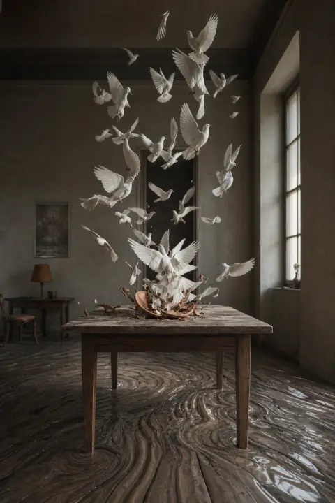A shattering clay target bursts into white doves as the floorboards ripple, a dream about shooting someone