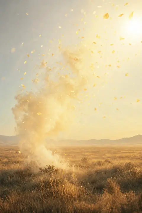 A puff of pale smoke disperses across a sunlit plain into golden petals, a dream of shooting someone