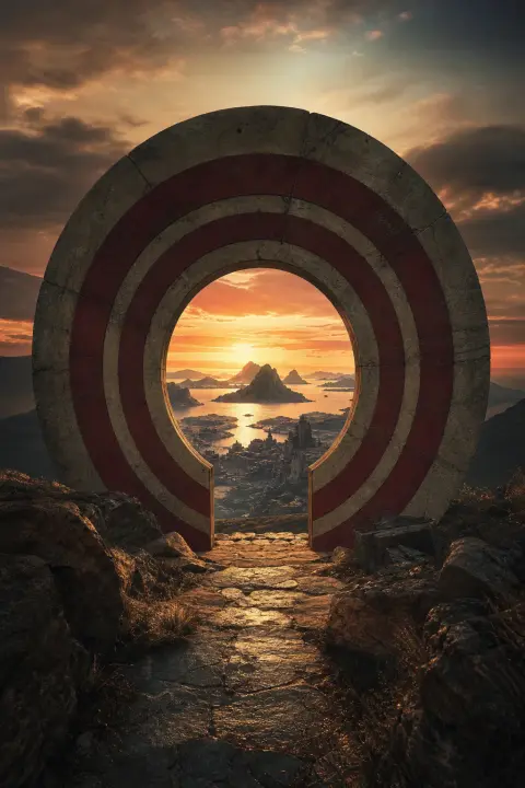 A bullseye target stands upright like a doorway onto a distant landscape at dusk, a dream of shooting someone