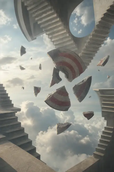 Shattered target fragments drift among inverted staircases under slow clouds, a dream of shooting someone