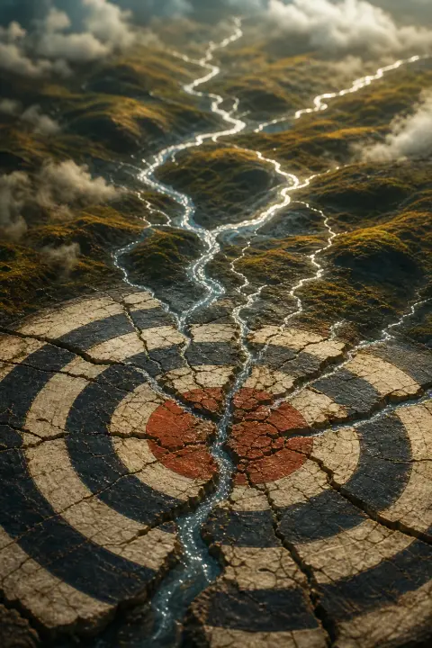 Close view of a cracked target whose fracture lines become branching rivers, a dream of shooting someone