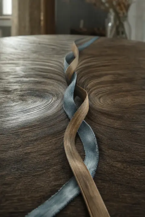Two ribbons on a table braid themselves together as the wood grain ripples like water, a dream about a sister