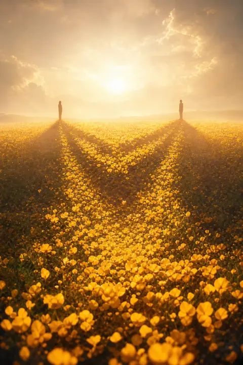 Two distant silhouettes in a sunlit field, their shadows merging into a bridge of golden petals, a dream of a sister