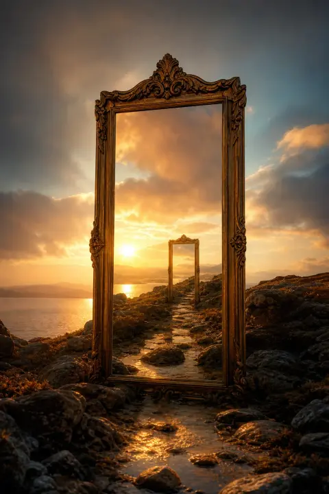 A mirror stands like a doorway reflecting a landscape where a second identical mirror waits, a dream of a sister
