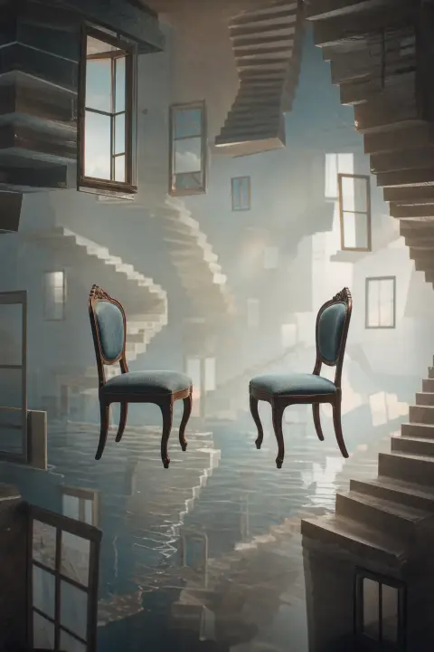 Two facing chairs drift among inverted staircases and floating windows, a surreal dream about a sister