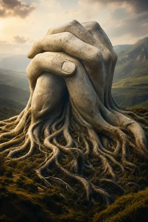 Close view of two clasped stone hands whose fingers become interwoven roots, a dream about a sister