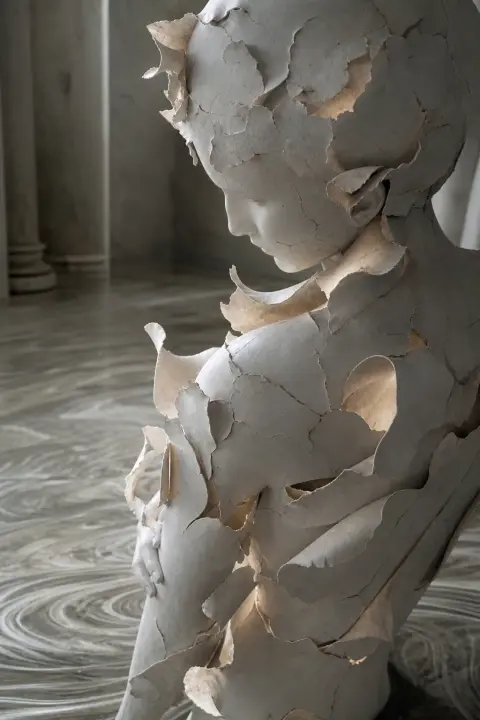 Die Oberfläche einer blassen Statue schält sich in gewellten Flocken ab wie Haut und gibt sanftes Licht darunter frei