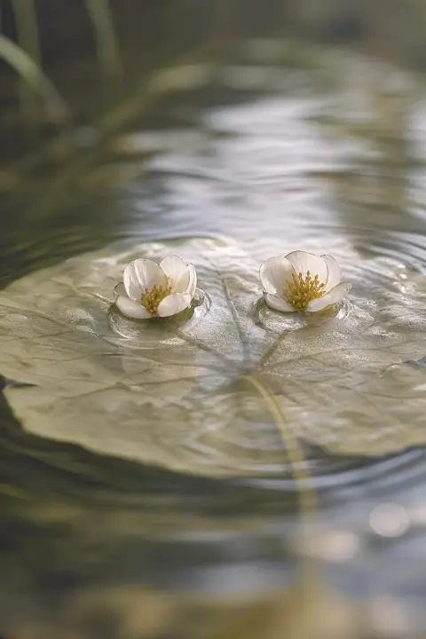 Two dew-like droplets on a pale leaf bloom into tiny flowers as the surface ripples, a dream of a snakebite