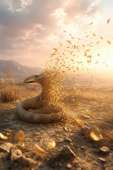 A coiled snake dissolves into drifting golden petals across a sunlit plain, a dream of a snakebite