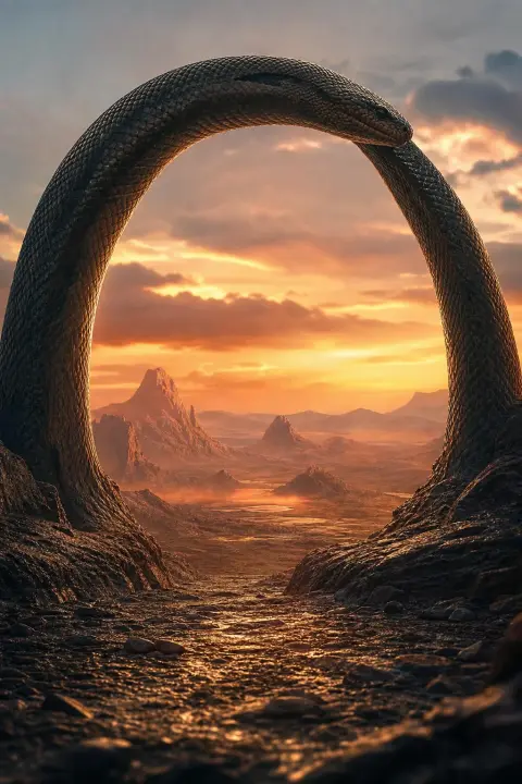 A snake rises as a slender archway onto an arid landscape at dusk, a dream of a snakebite