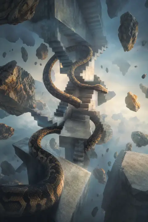 A coiling snake winds among inverted staircases and floating stones, a dream of a snakebite