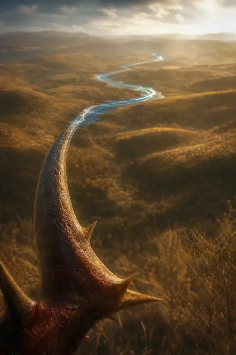 Close view of a fang-shaped thorn whose tip becomes a river across dry hills, a dream of a snakebite