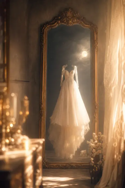 Leeres Hochzeitskleid schwebt im Mondlicht, Spiegel zeigt nur Abwesenheit, Ehesymbol fehlender Seelen