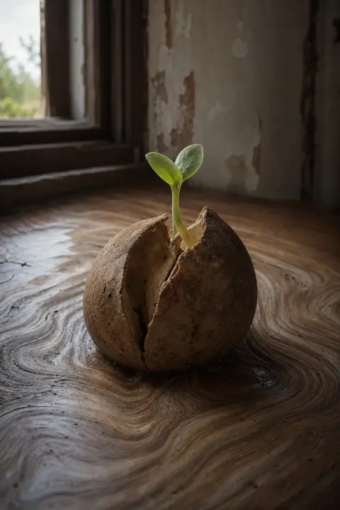 A rounded seedpod splits open to release a glowing sprout as the wood ripples, a dream of someone having a baby