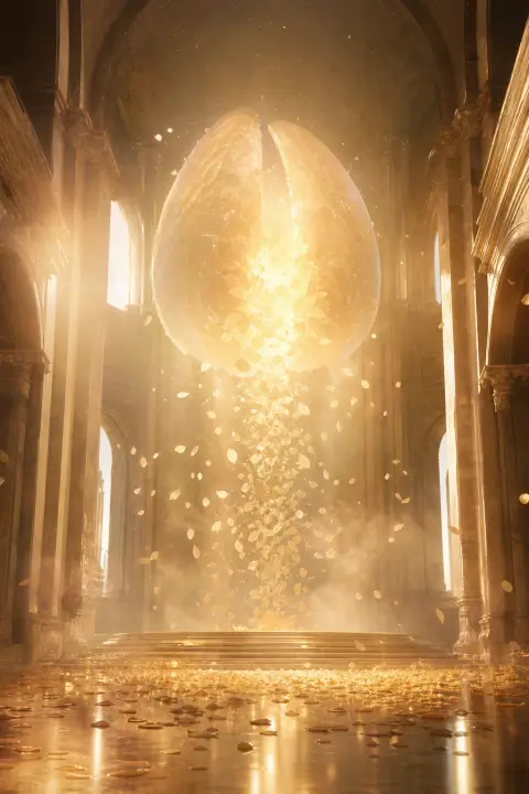 A luminous egg-shaped orb rises and opens in a sunlit hall releasing golden petals, a dream of someone having a baby