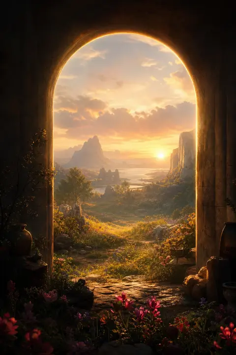 A rounded arch of warm light opens onto a dawn landscape where new flowers bloom, a dream of someone having a baby
