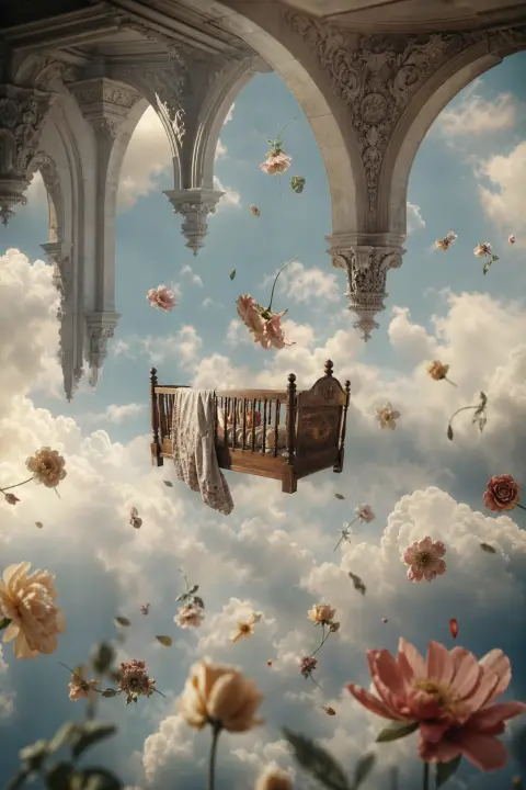 A cradle and blooming flowers drift among inverted arches under slow clouds, a dream of someone having a baby