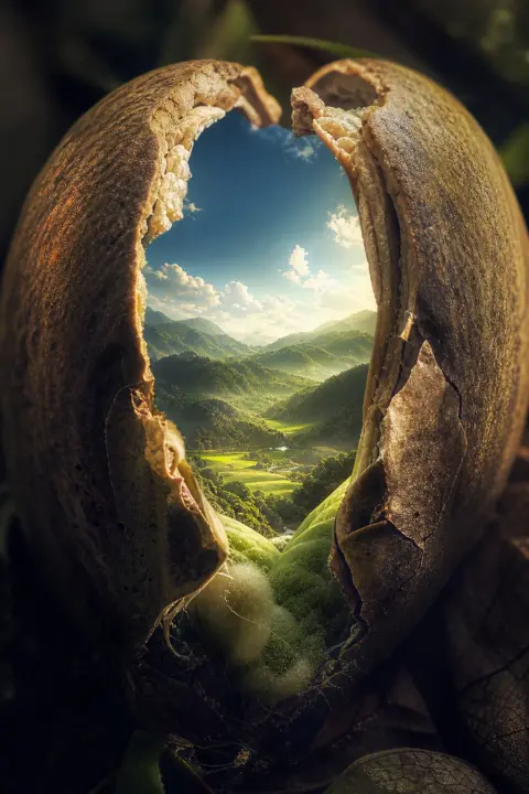 Close view of a cracking seed whose opening becomes a green valley unfurling, a dream of someone having a baby