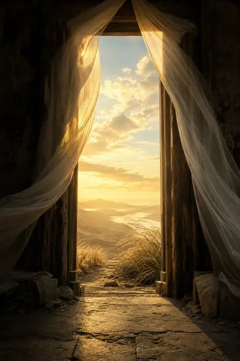 Una puerta envuelta en tela vaporosa se abre y revela un paisaje imposible, abierto y batido por el viento, la asfixia