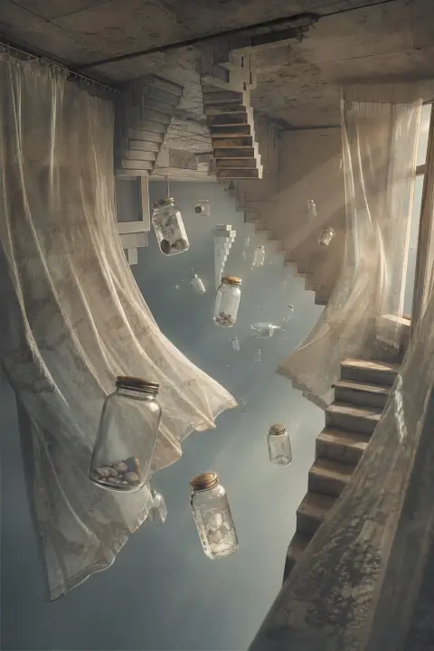 Cortinas ondeantes y frascos flotantes se mueven entre escaleras invertidas, con gravedad imposible, símbolo de la asfixia