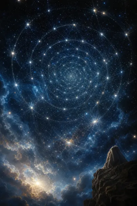 Silberfäden spiralen in verschachtelte Sternbilder der indigoblauen Nacht zusammen, geometrische Welten falten sich endlos nach innen
