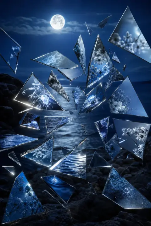 Versilberter Spiegel zerbricht in präzise geometrische Fragmente über mondbeleuchtetes Blau, jedes Stück reflektiert einzelne transformierte Zelle, löst Grenze zwischen Bruch und Werden im Chirurgie-Traum auf