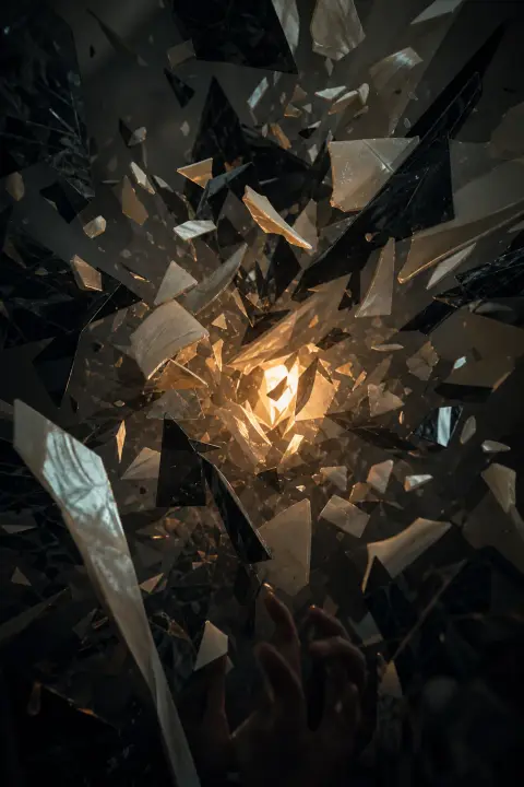 Geometrische Splitter aus Obsidian und Perle in Schatten schwebend, von warmer Bernsteinlicht ausstrahlend, durch Dunkelheit schwimmend