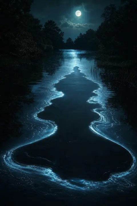 Schwimmer abwesend vom ruhigen Wasser, silbern-blaues Loch-förmiges Portal auf mondbeglänzter Oberfläche hinterlassen, Präsenz durch Abwesenheit angedeutet