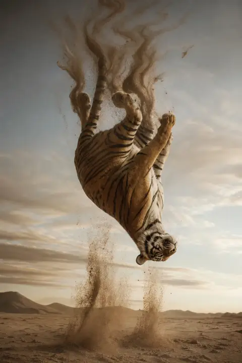Kopfüber schwebender Tiger in Bernsteinlicht, Streifen fließen wie Rauch, goldener Sand fällt himmelwärts