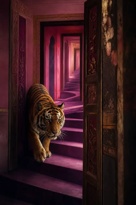 Tiger streift durch Tür, die sich selbst öffnet, erklimmt unmögliche violette Schattentreppen in gefaltete Kammern