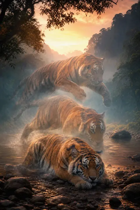 Tiger in Pastelltönen der Morgenröte springt, landet und ruht gleichzeitig, Körper geisterhaft durch drei Momente, Streifen in Minz und Pfirsich