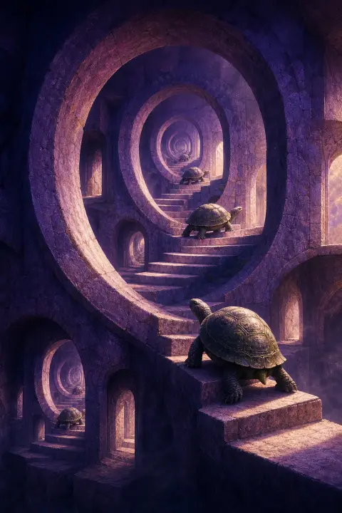 Tartaruga sobe escada espiral impossível de pedra violeta que se curva sobre si mesma, cada degrau é porta revelando tartaruga idêntica repetindo-se eternamente
