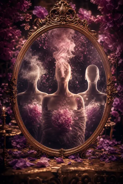 Mirror reflects three moments: breathing in, mid-vomit release, breathing clear, symmetrical with violet petals and rose mist blurring sequence