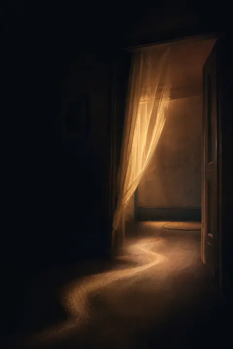 Deep shadow dominates frame, single warm amber glow marks invisible departure, absence so complete it becomes vomiting void itself
