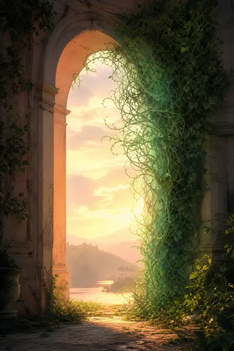 Pale peach archway dissolves into mint vines, stone softens into luminous botanical renewal at threshold