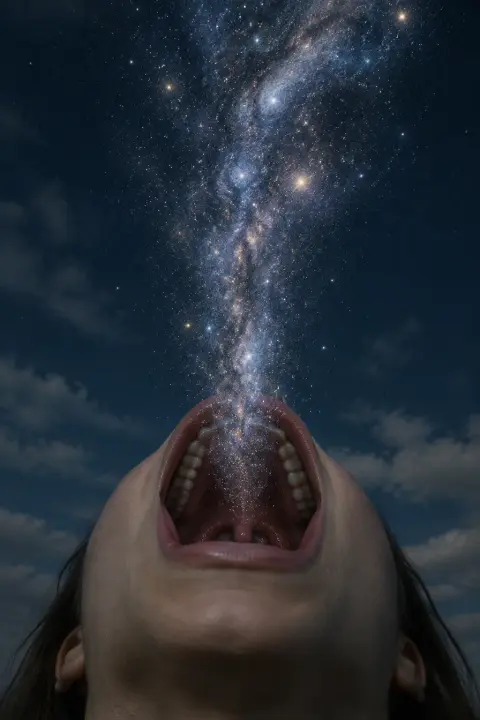 Human throat open in indigo darkness vomiting a dense upward torrent of luminous stars and cosmic dust into night sky