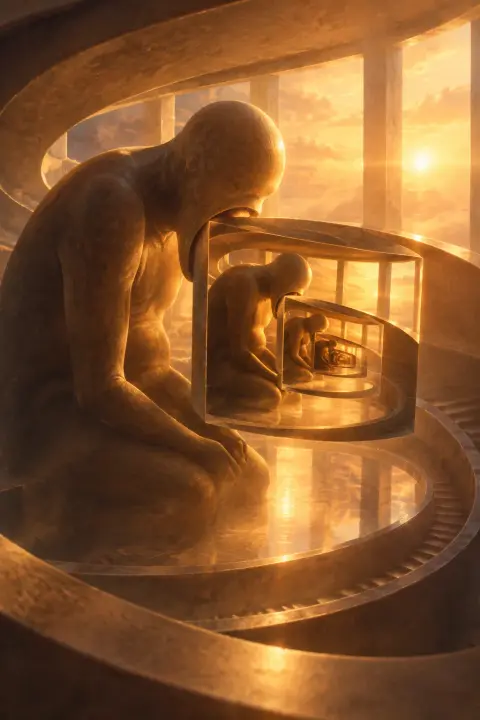 Hunched figure vomiting a smaller identical spiral room whose tiny inhabitant expels yet another room repeating infinitely inward in amber light