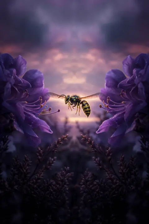 Wespe schwebend symmetrisch zwischen Annäherung an Blüte und Rückzug, dualer Moment in violettem Zwielicht erfasst