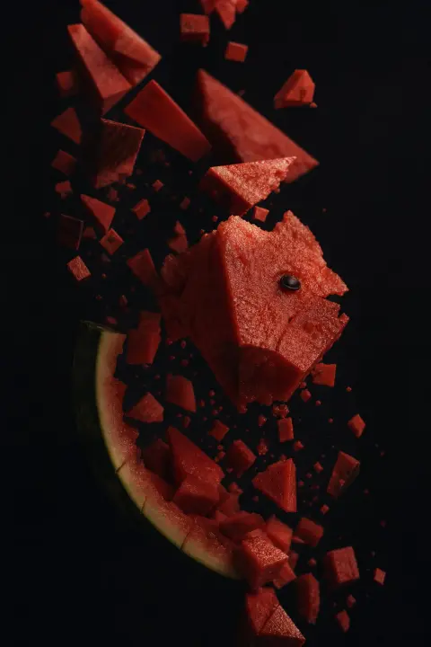 Crimson watermelon flesh shatters into geometric shards in darkness, single seed glowing amber amid dissolving shadow-dust
