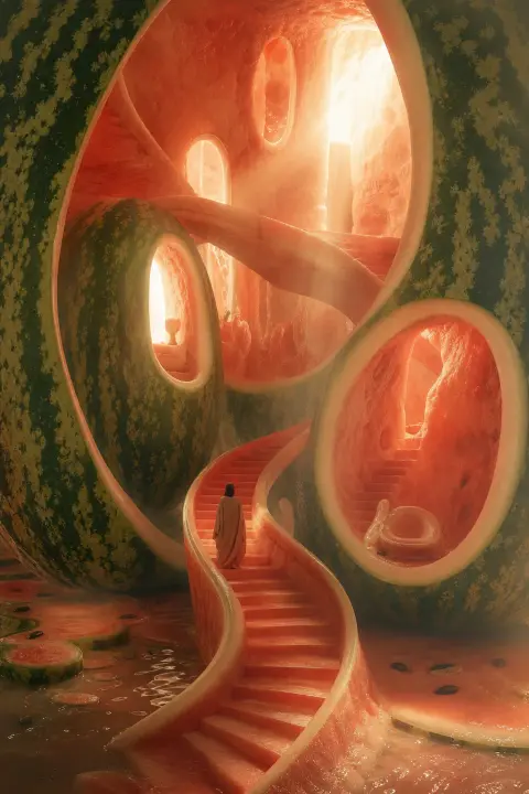 Spiral staircase winds through hollow watermelon chambers, translucent rind walls opening onto peach rooms where fruit becomes livable space