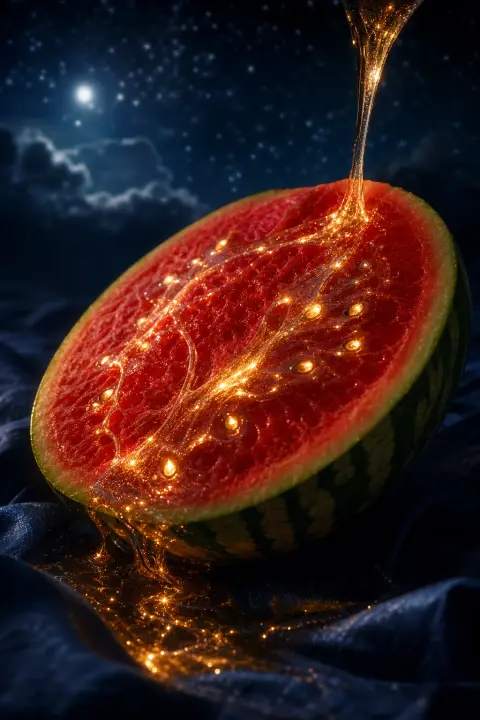 Liquid starlight weaves through watermelon flesh like silk thread, seeds glowing as radiant points against deep indigo night sky