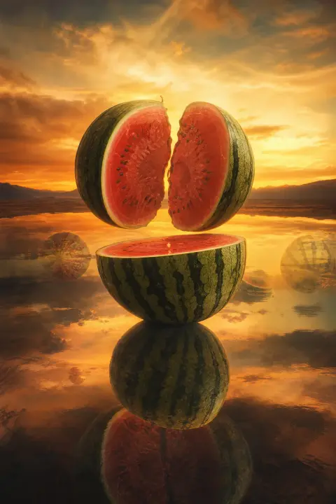 Watermelon splits, ripens, and sits whole simultaneously, reflected across golden dusk mirror layering past and present moments in amber warmth