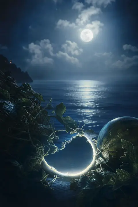 Luminous void shaped like absent watermelon against moonlit silver-blue, form implied only by cold light displaced around its dark edges
