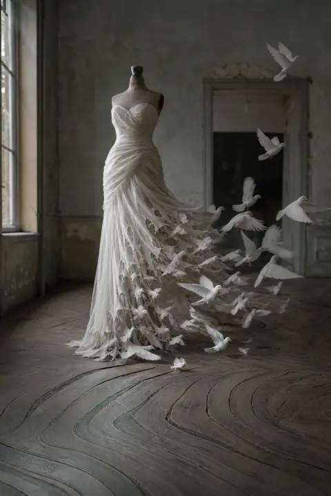 Un vestido de novia en un maniquí, su dobladillo se deshace en un vuelo de palomas blancas mientras el suelo ondula como agua