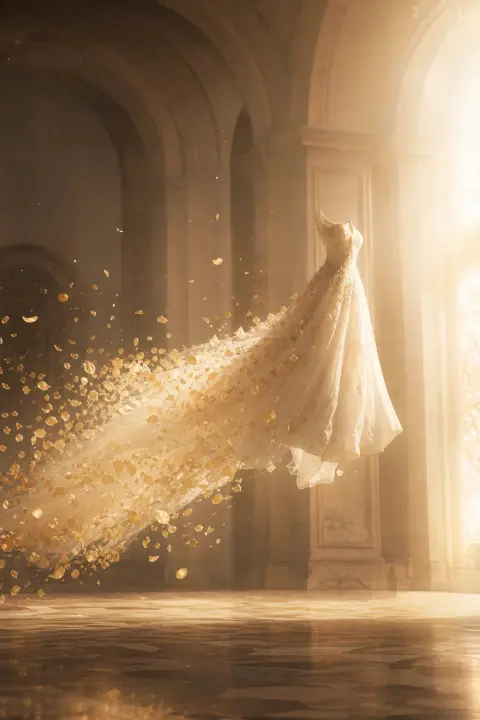 Un vestido de novia flota sin peso por un salón soleado, su cola se disuelve en pétalos dorados y bruma luminosa