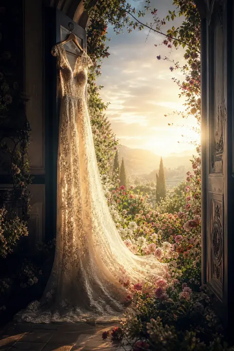 Un vestido de novia cuelga en una puerta luminosa, su encaje se abre a un jardín imposible en flor al amanecer